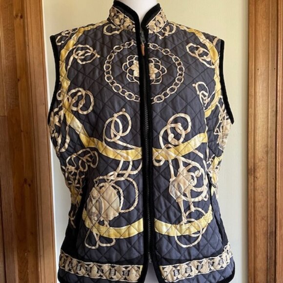 J. MCLAUGHLIN  Equestrian Print Silk Quilted Vest Black Medium - Picture 1 of 15